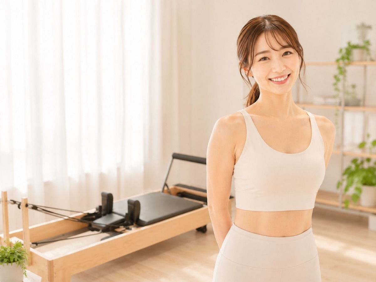 リフォーマーの上でしなやかにエクササイズする女性