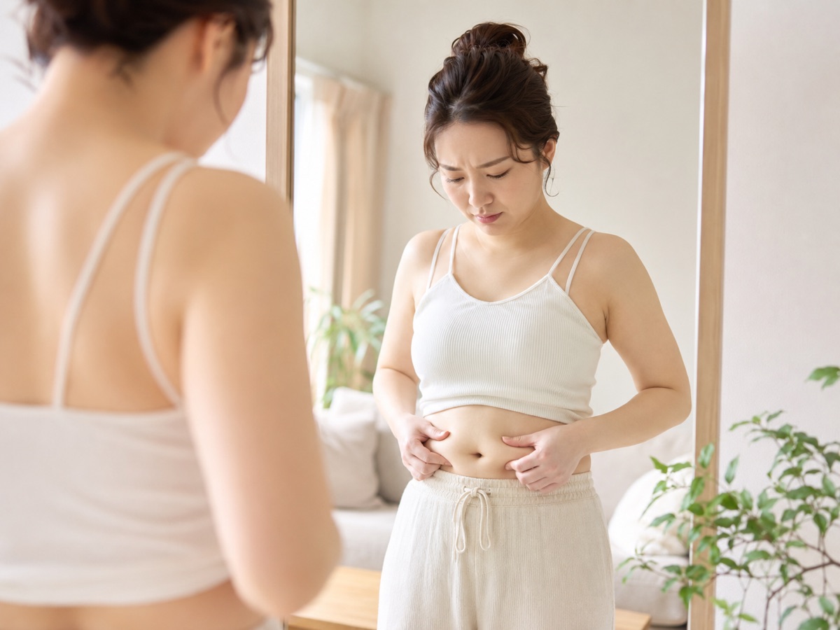 鏡の前でお腹まわりを気にする女性